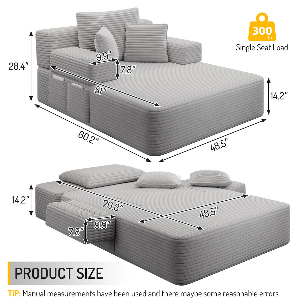 Oversized Plush Corduroy Chaise Lounge Sofa, Convertible Sleeper Couch Bed with Storage Pockets & 3 Pillows