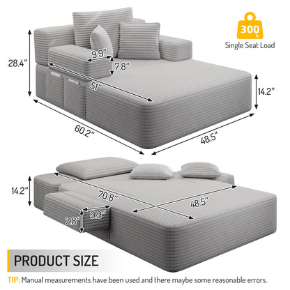 Oversized Plush Corduroy Chaise Lounge Sofa, Convertible Sleeper Couch Bed with Storage Pockets & 3 Pillows