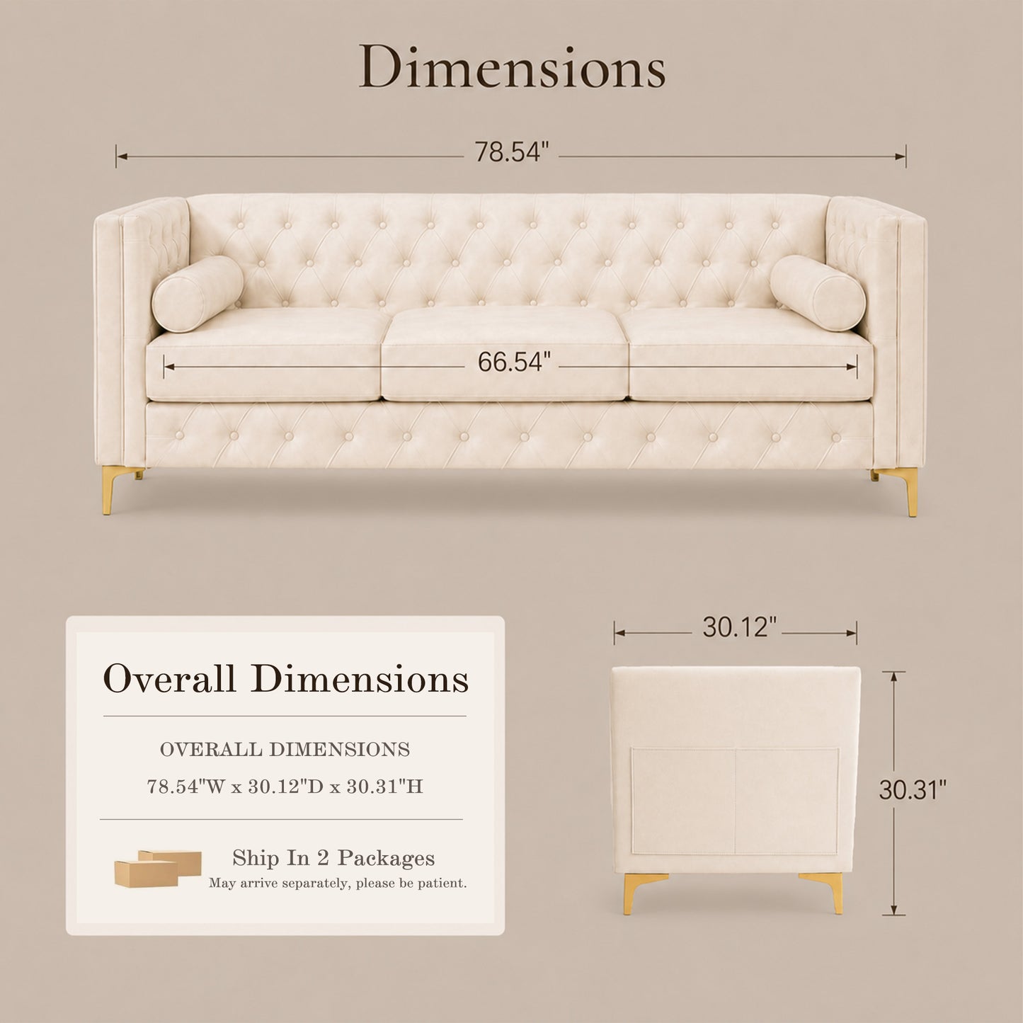 White Faux Leather Couch, Modern Tufted 3-Seat Sofa with Decorative Pillows, Metal Legs and High-Rebound Sponge Comfort for Home