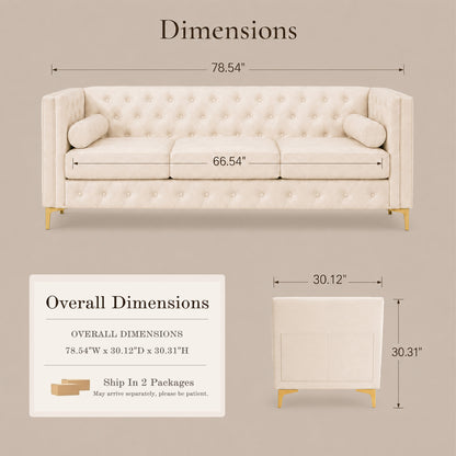 White Faux Leather Couch, Modern Tufted 3-Seat Sofa with Decorative Pillows, Metal Legs and High-Rebound Sponge Comfort for Home