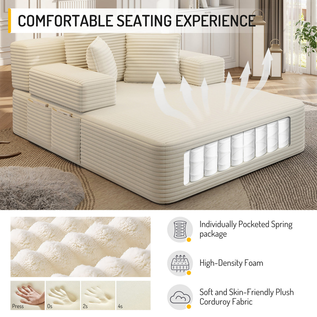 Oversized Plush Corduroy Chaise Lounge Sofa, Convertible Sleeper Couch Bed with Storage Pockets & 3 Pillows