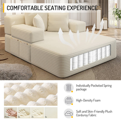 Oversized Plush Corduroy Chaise Lounge Sofa, Convertible Sleeper Couch Bed with Storage Pockets & 3 Pillows