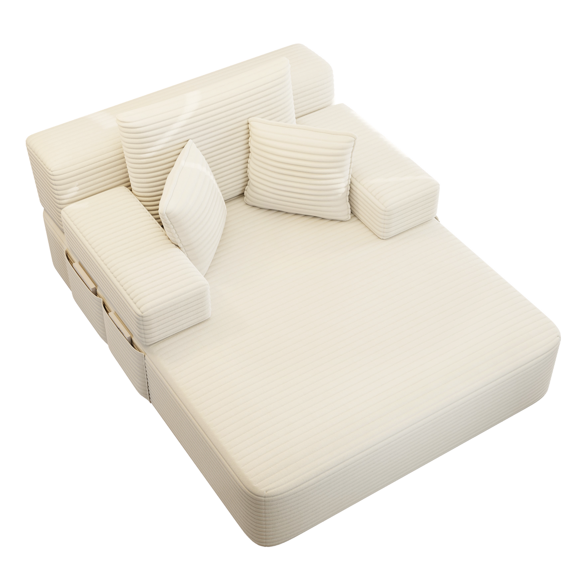 Oversized Plush Corduroy Chaise Lounge Sofa, Convertible Sleeper Couch Bed with Storage Pockets & 3 Pillows