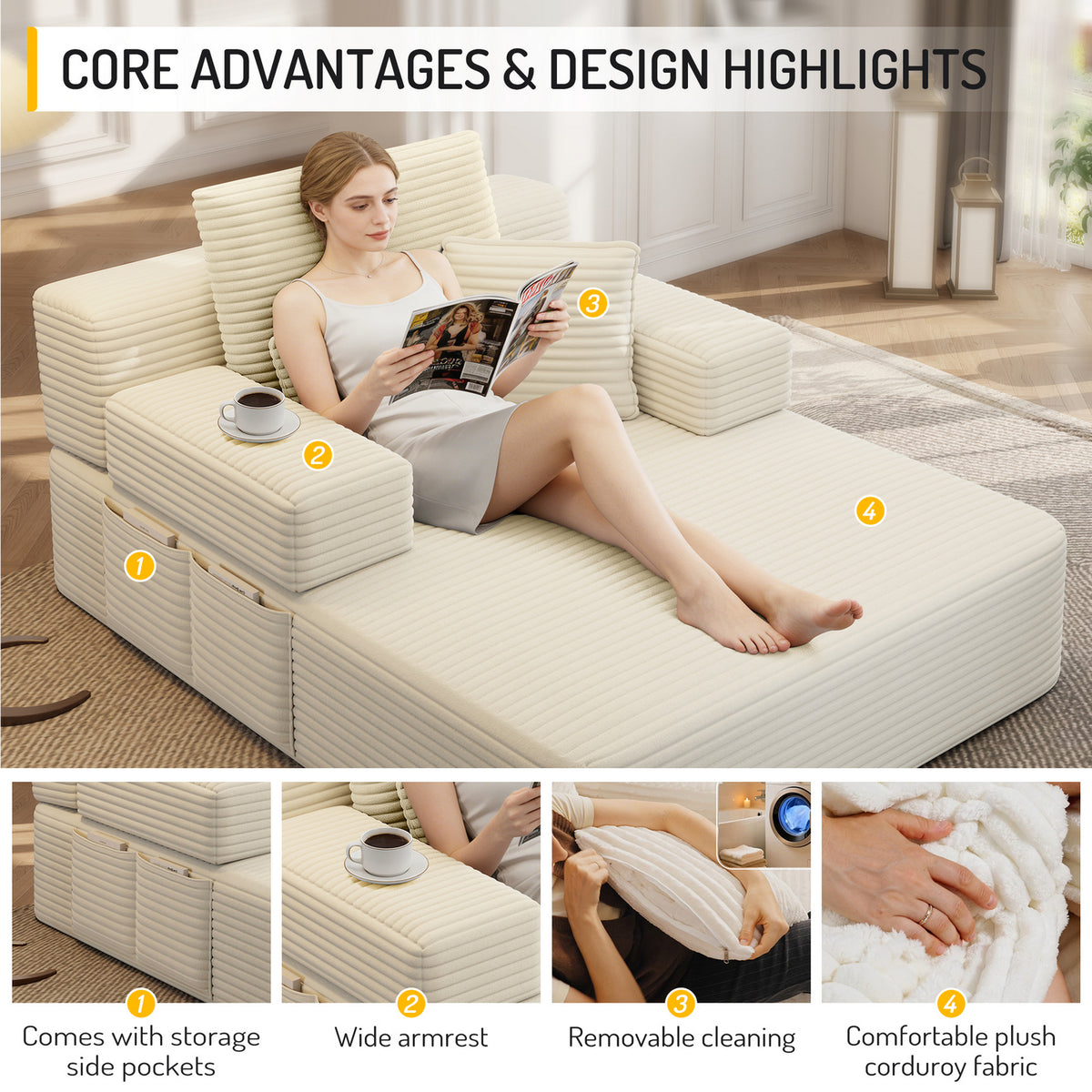 Oversized Plush Corduroy Chaise Lounge Sofa, Convertible Sleeper Couch Bed with Storage Pockets & 3 Pillows
