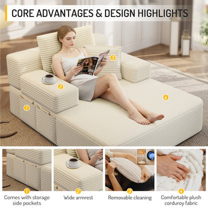 Oversized Plush Corduroy Chaise Lounge Sofa, Convertible Sleeper Couch Bed with Storage Pockets & 3 Pillows