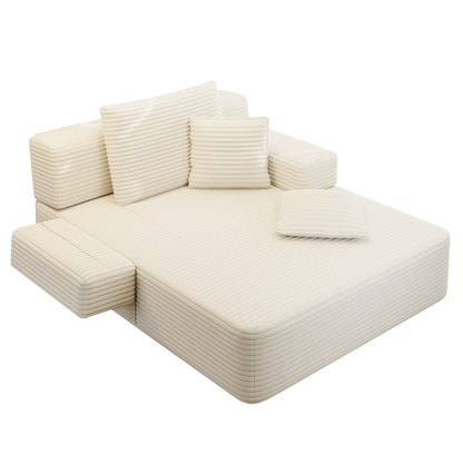 Oversized Plush Corduroy Chaise Lounge Sofa, Convertible Sleeper Couch Bed with Storage Pockets & 3 Pillows