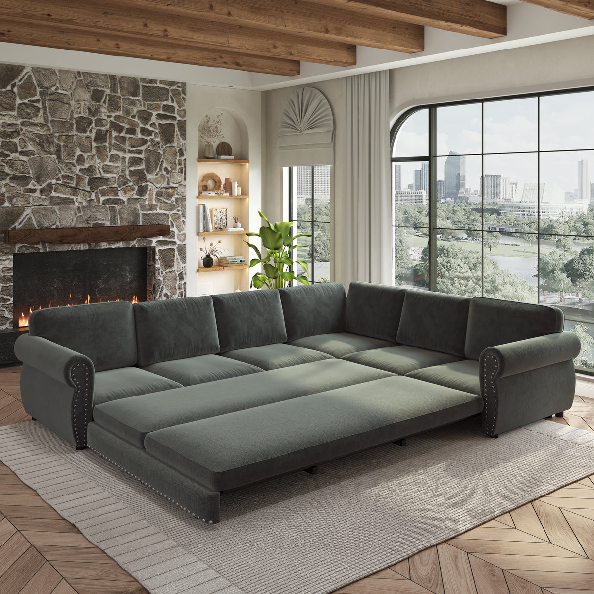 L-Shaped Chenille Sectional Sofa with Pull-Out Bed & Rolled Arm