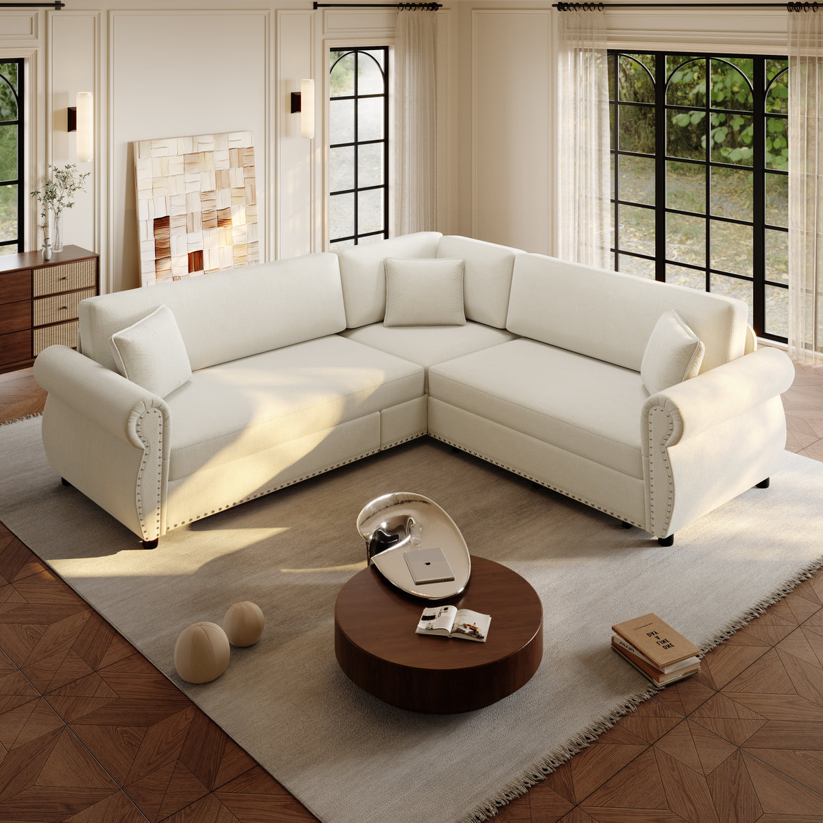 88.2" L-Shaped Chenille Sectional Sofa with Pull-Out Bed & Rolled Arm