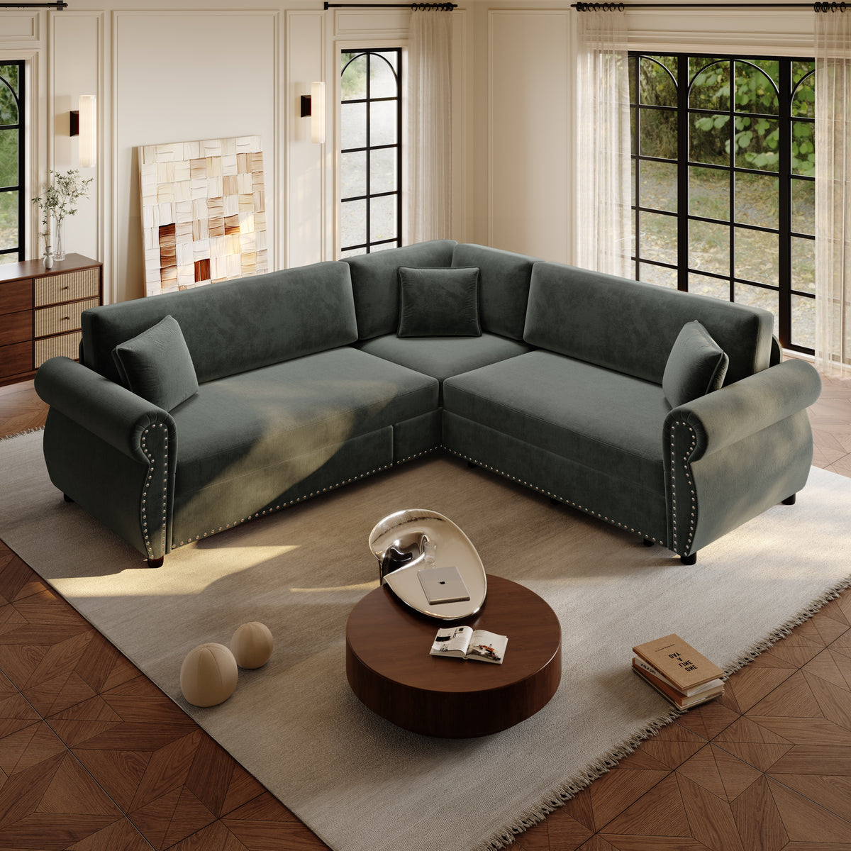 88.2" L-Shaped Chenille Sectional Sofa with Pull-Out Bed & Rolled Arm