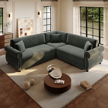 88.2" L-Shaped Chenille Sectional Sofa with Pull-Out Bed & Rolled Arm