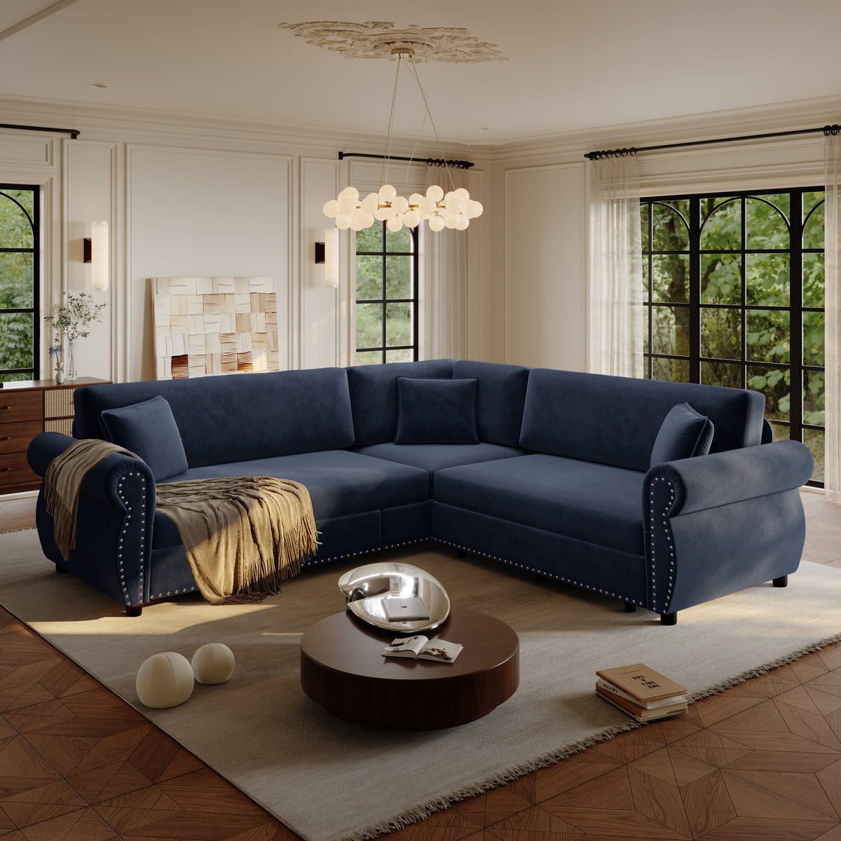 88.2" L-Shaped Chenille Sectional Sofa with Pull-Out Bed & Rolled Arm