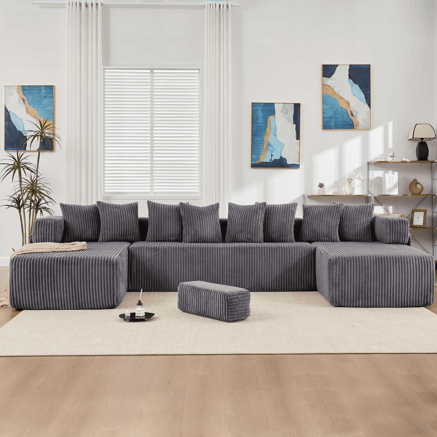 Dark Gray Oversized Modular Sectional Sofa – 6-Seat Convertible L-Shaped Corduroy Couch with Free Combination Design
