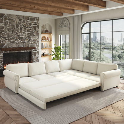 L-Shaped Chenille Sectional Sofa with Pull-Out Bed & Rolled Arm