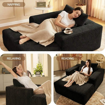 Black Corduroy Chaise Lounge Sofa, Oversized Single Leisure Chair with Square Arms, Support Pillows, No Assembly Needed for Living Room