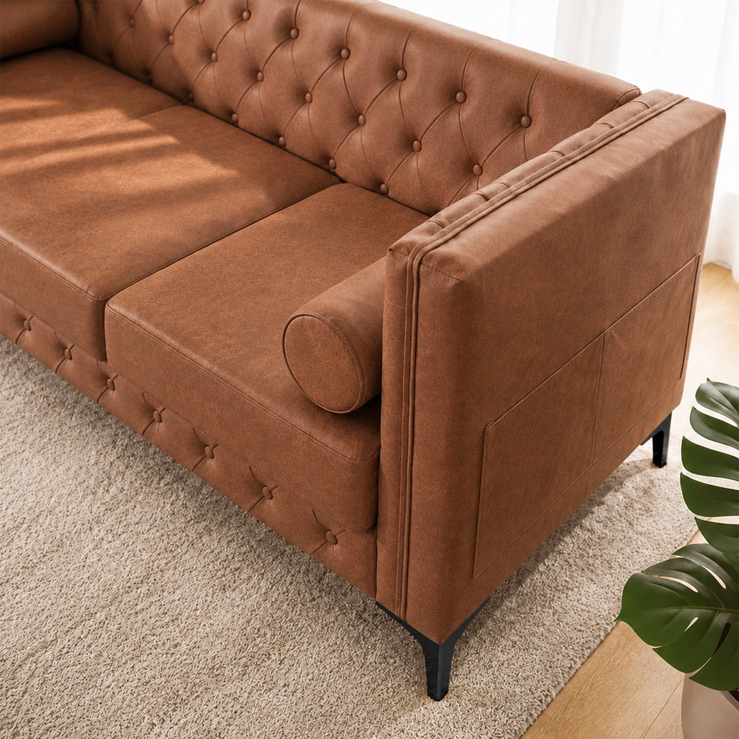 Brown Leather Sofa, Classic 3-Seater Living Room Couch with Button Tufted Design, Pocket Spring Cushion and Sturdy Wood Frame