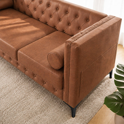 Brown Leather Sofa, Classic 3-Seater Living Room Couch with Button Tufted Design, Pocket Spring Cushion and Sturdy Wood Frame