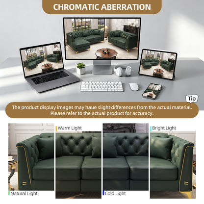 5 Pillows Light Luxury Chesterfield Sofa, Faux Leather, Metal Trim Armrests, Button Tufting & Thin Metal Legs