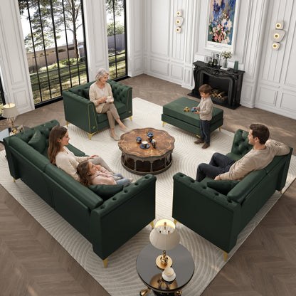 6 Pillows Light Luxury Chesterfield Sofa, Faux Leather, Thin Metal Legs, Metal Trim Armrests & Button Tufting