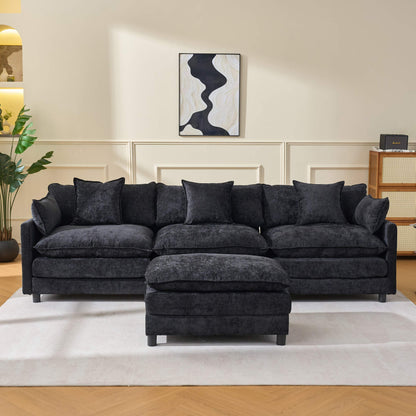 108" 4-Seater L-Shaped Modular Chenille Sofa with Ottoman, Deep Seat Cloud Couch
