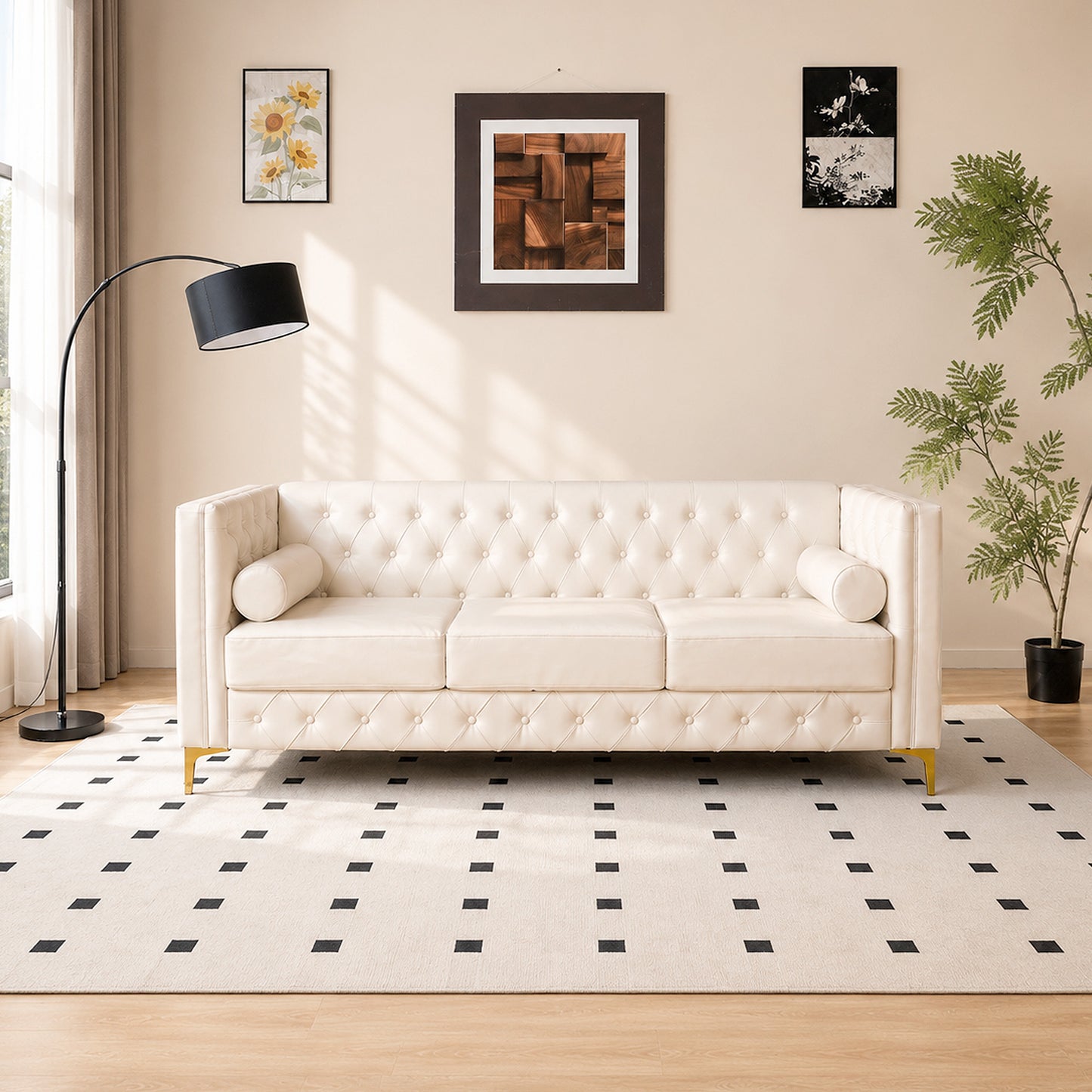 White Faux Leather Couch, Modern Tufted 3-Seat Sofa with Decorative Pillows, Metal Legs and High-Rebound Sponge Comfort for Home