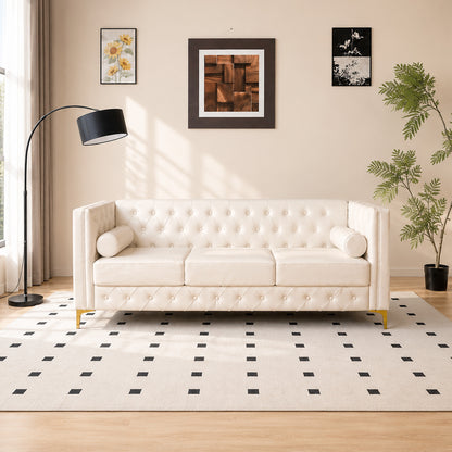 White Faux Leather Couch, Modern Tufted 3-Seat Sofa with Decorative Pillows, Metal Legs and High-Rebound Sponge Comfort for Home
