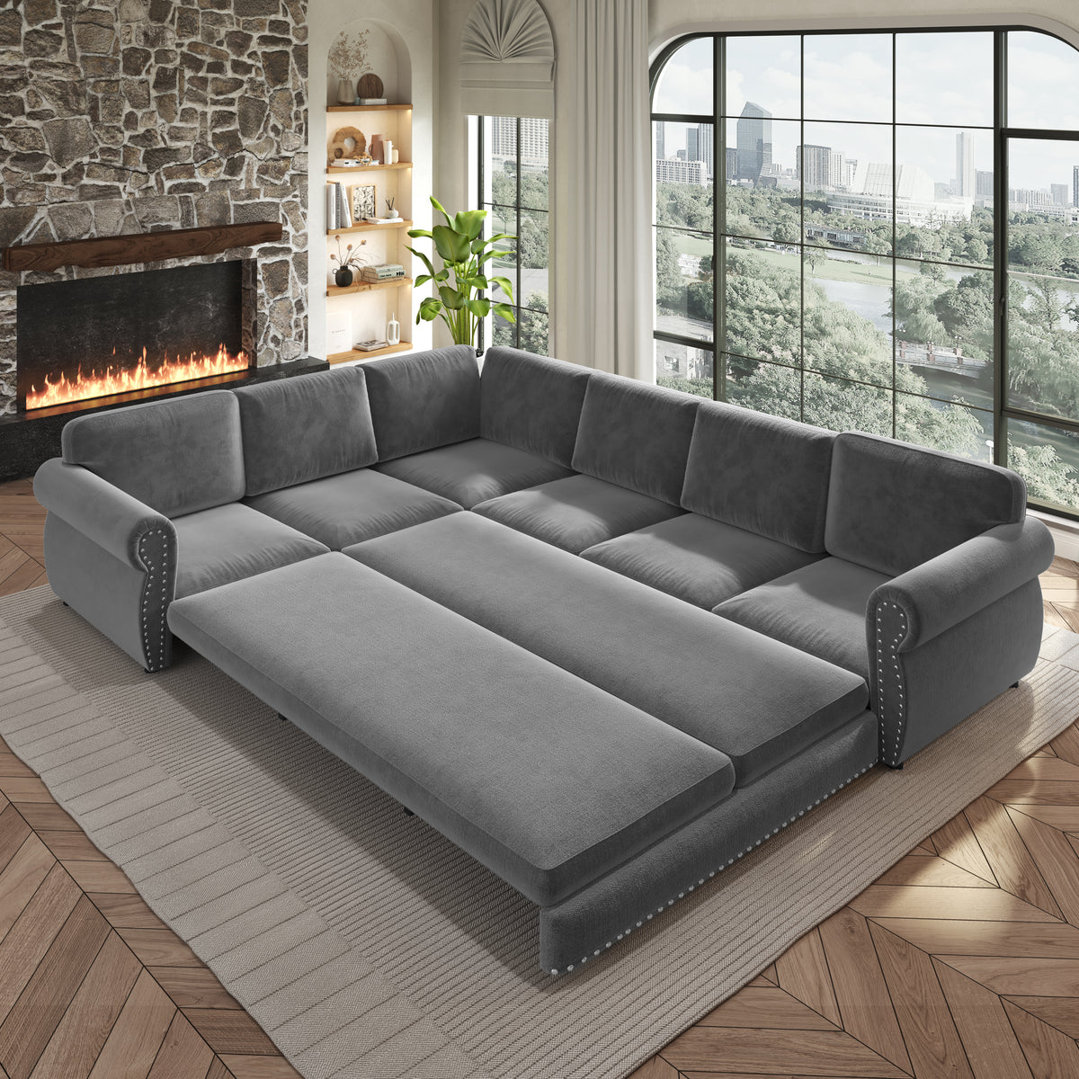 L-Shaped Chenille Sectional Sofa with Pull-Out Bed & Rolled Arm