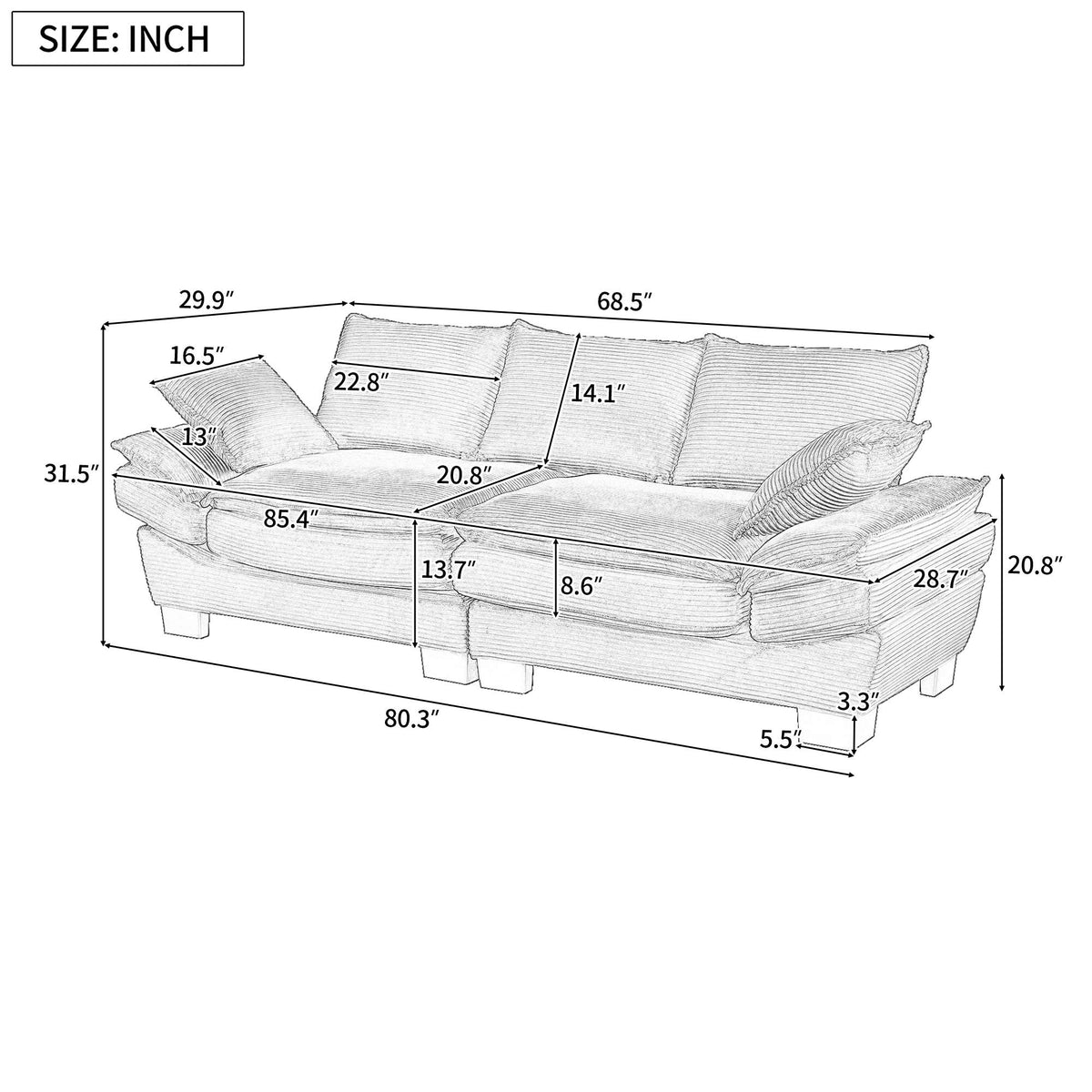 U-Style Modern Curved Sofa, Back Upholstered Couch with 2 Decorative Throw Pillows, Corduroy Fabric Couch for Living Room, Bedroom , Apartment