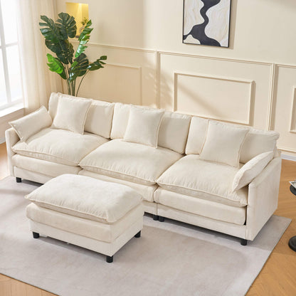 108" 4-Seater L-Shaped Modular Chenille Sofa with Ottoman, Deep Seat Cloud Couch