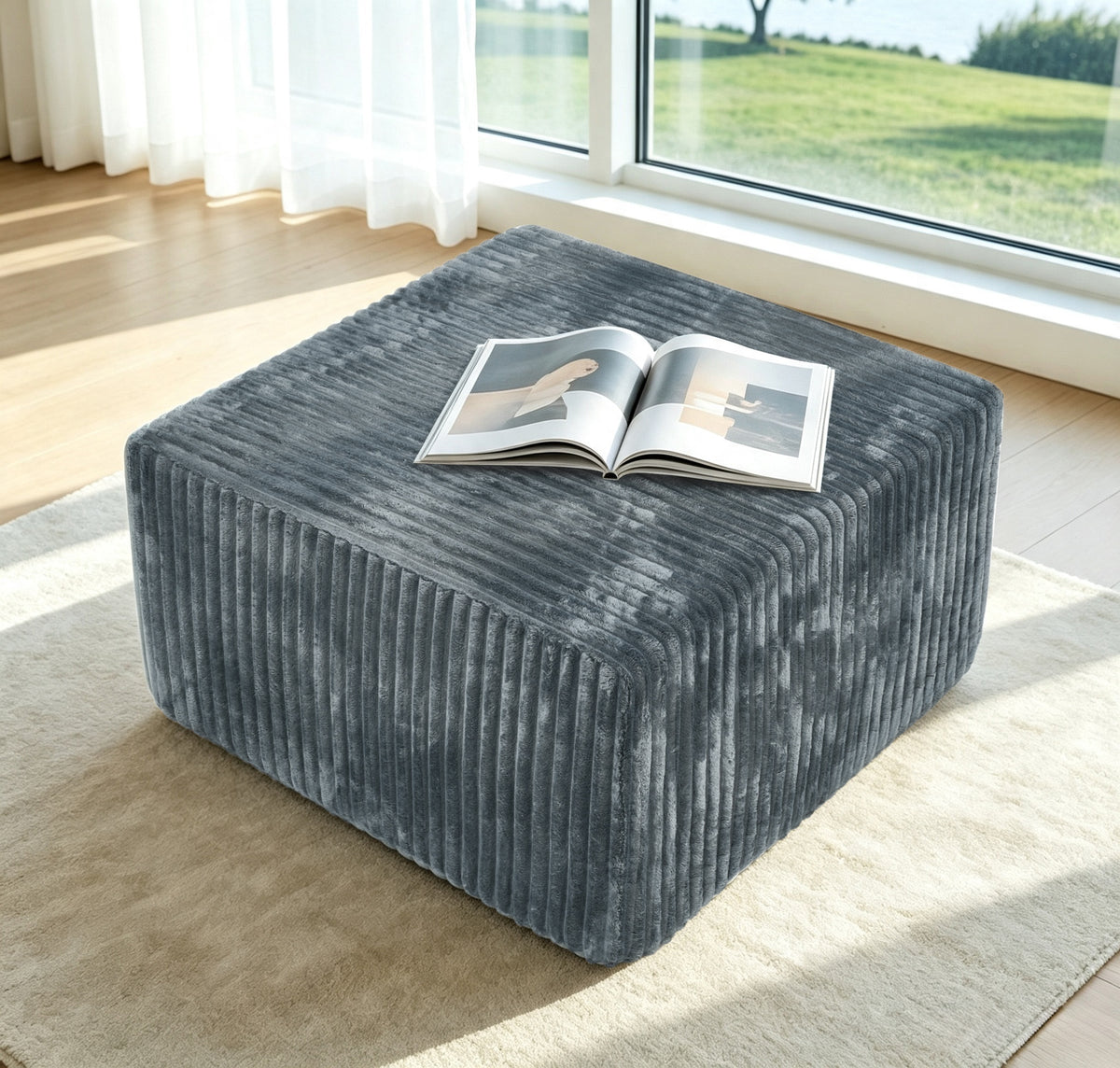 Square Striped Corduroy Modular Ottoman Cube, Upholstered Footstool