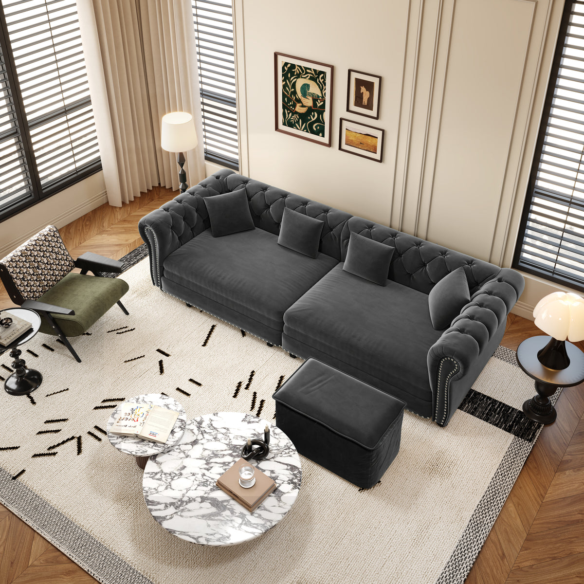 89" 3-Seater Velvet Chesterfield Sofa Bed with Movable Ottoman