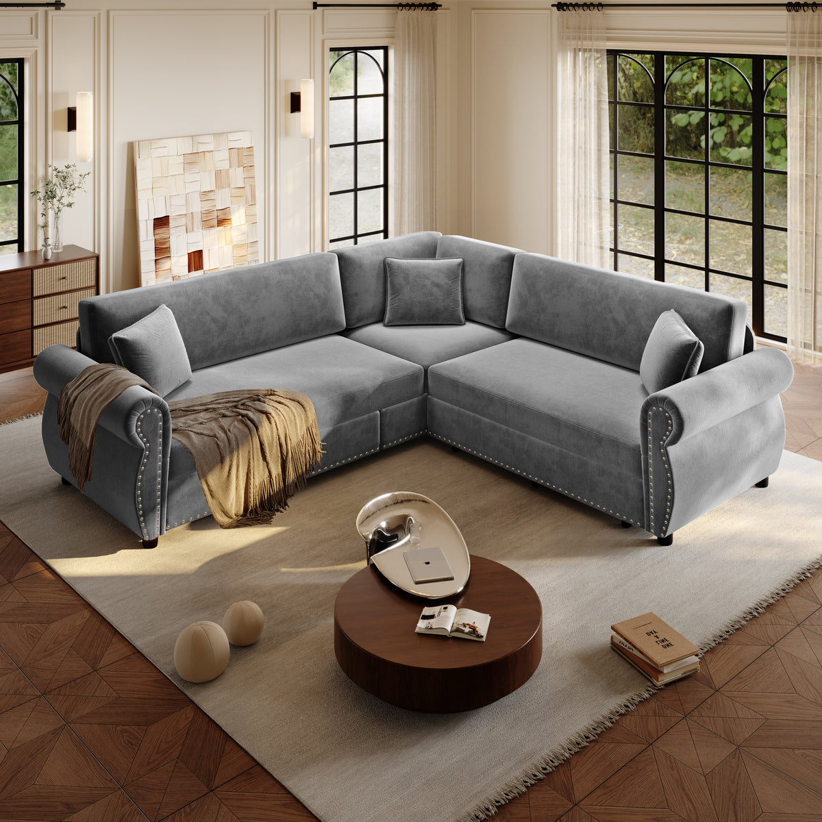 88.2" L-Shaped Chenille Sectional Sofa with Pull-Out Bed & Rolled Arm
