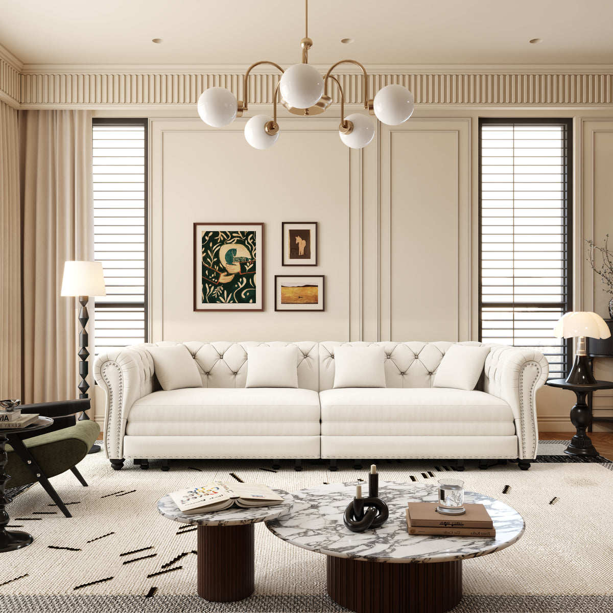 89" 3-Seater Velvet Chesterfield Sofa Bed with Movable Ottoman