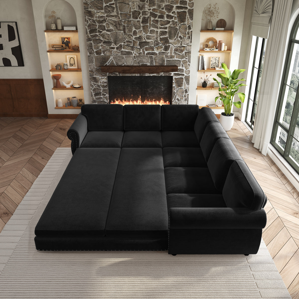 118" Oversized Convertible Sleeper Sofa with Nailhead Trim, L-Shaped Couch