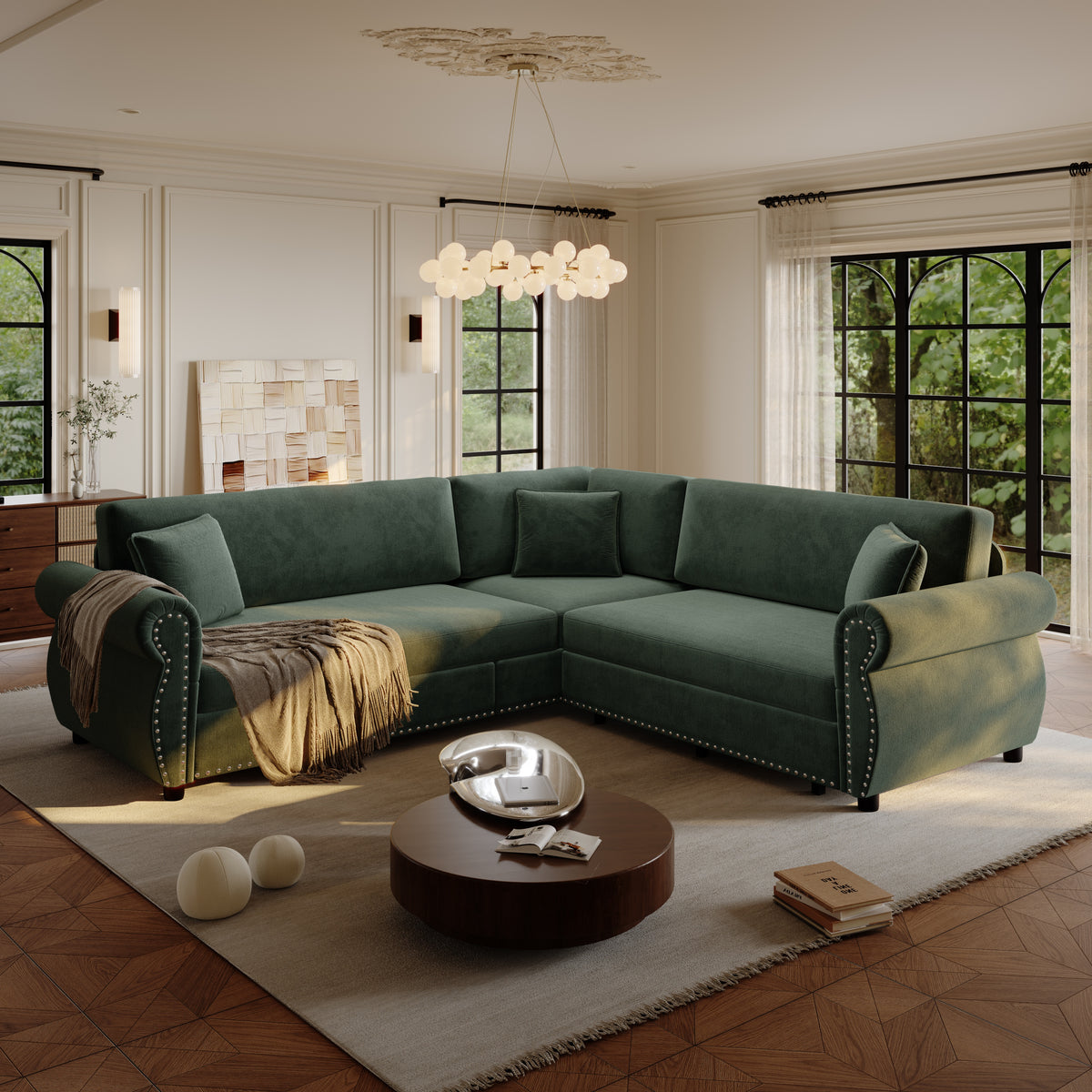 88.2" L-Shaped Chenille Sectional Sofa with Pull-Out Bed & Rolled Arm