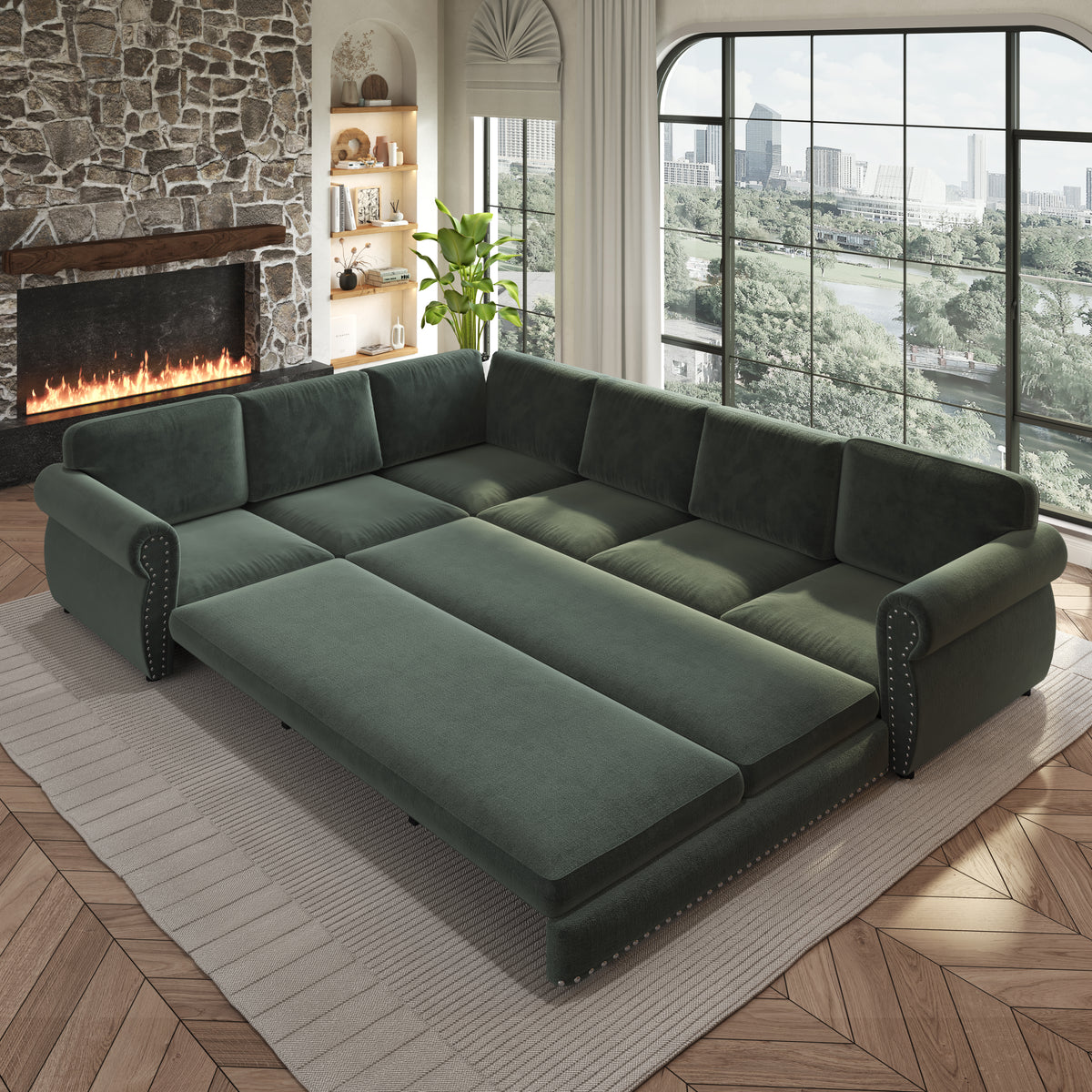118" Oversized Convertible Sleeper Sofa with Nailhead Trim, L-Shaped Couch