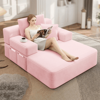 Oversized Plush Corduroy Chaise Lounge Sofa, Convertible Sleeper Couch Bed with Storage Pockets & 3 Pillows