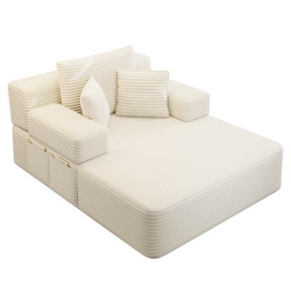Oversized Plush Corduroy Chaise Lounge Sofa, Convertible Sleeper Couch Bed with Storage Pockets & 3 Pillows