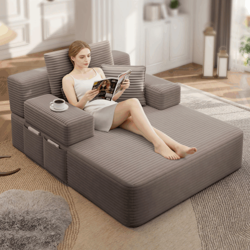 Oversized Plush Corduroy Chaise Lounge Sofa, Convertible Sleeper Couch Bed with Storage Pockets & 3 Pillows