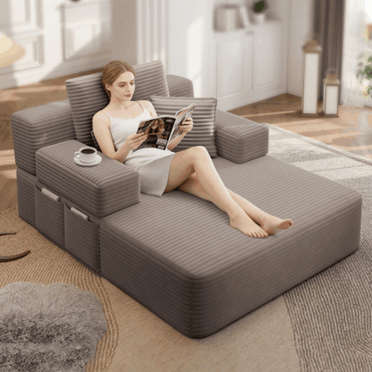 Oversized Plush Corduroy Chaise Lounge Sofa, Convertible Sleeper Couch Bed with Storage Pockets & 3 Pillows