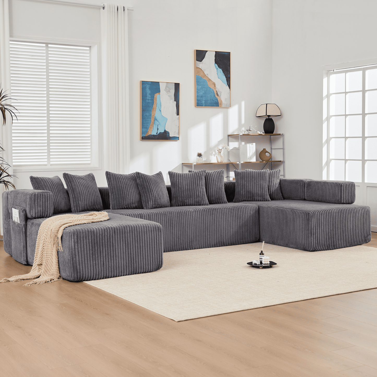 Dark Gray Oversized Modular Sectional Sofa – 6-Seat Convertible L-Shaped Corduroy Couch with Free Combination Design