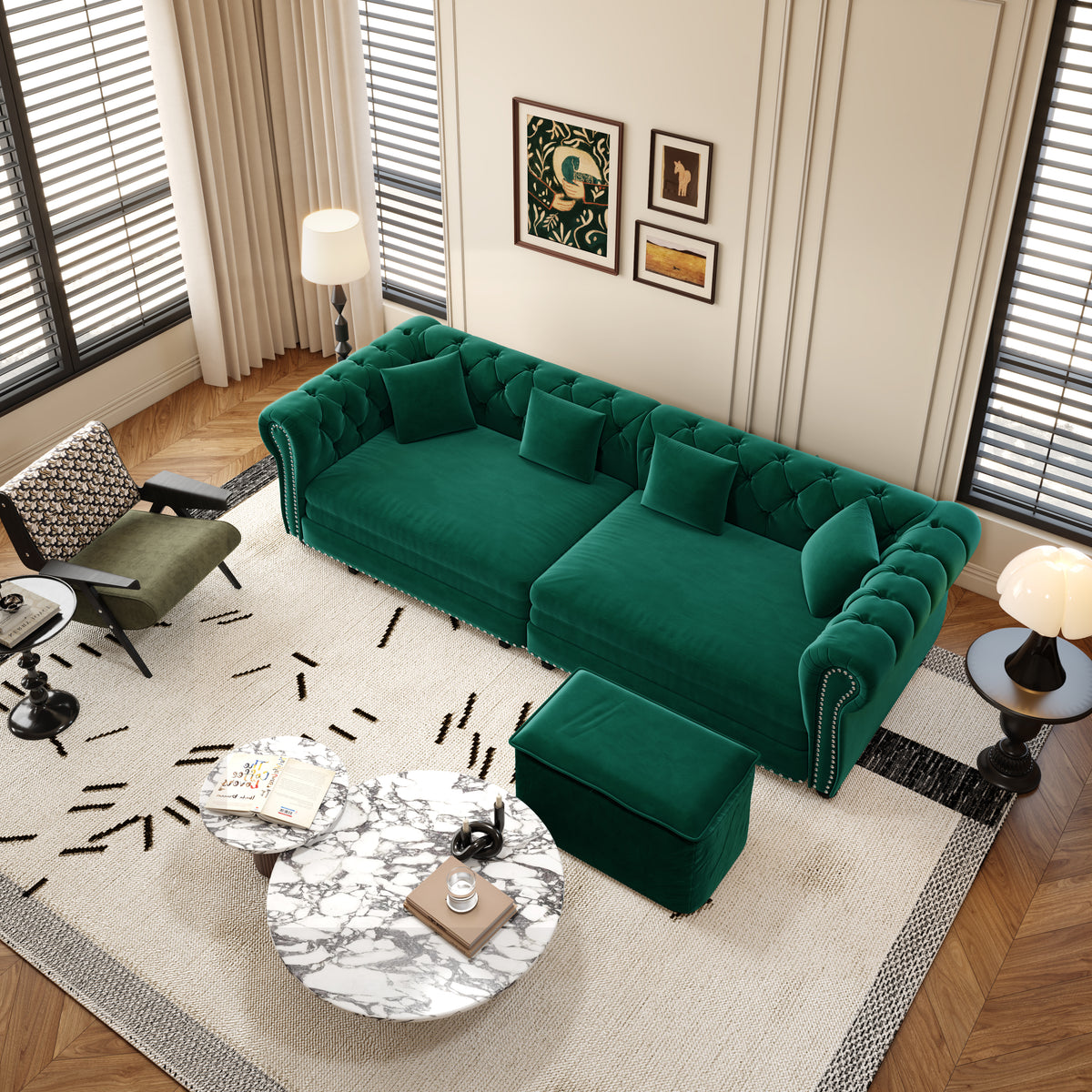 89" 3-Seater Velvet Chesterfield Sofa Bed with Movable Ottoman
