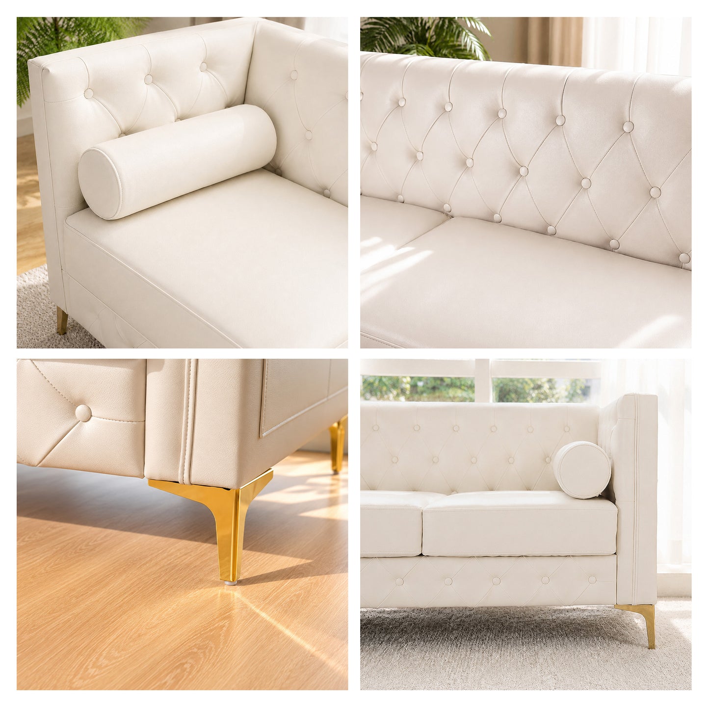 White Faux Leather Couch, Modern Tufted 3-Seat Sofa with Decorative Pillows, Metal Legs and High-Rebound Sponge Comfort for Home