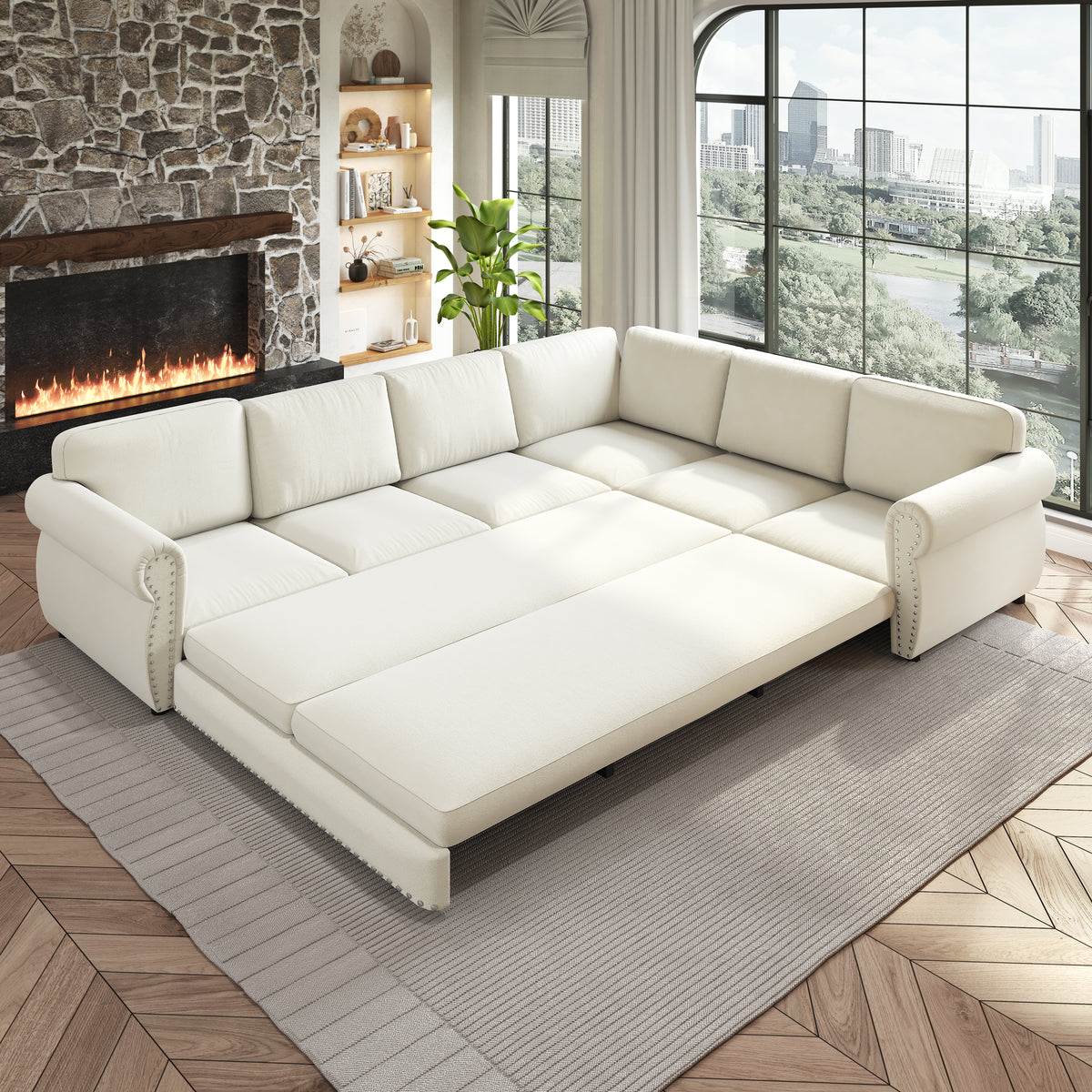 L-Shaped Chenille Sectional Sofa with Pull-Out Bed & Rolled Arm