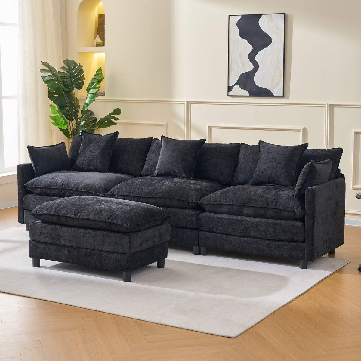 108" 4-Seater L-Shaped Modular Chenille Sofa with Ottoman, Deep Seat Cloud Couch