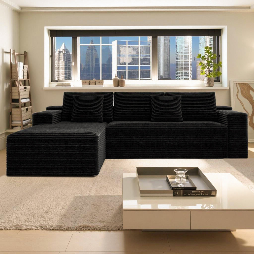 2PC Modular Sectional Sofa, Plush Corduroy Upholstered Couch, No Assembly