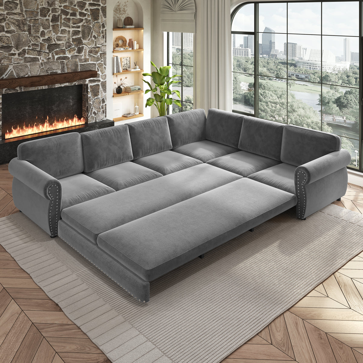 L-Shaped Chenille Sectional Sofa with Pull-Out Bed & Rolled Arm