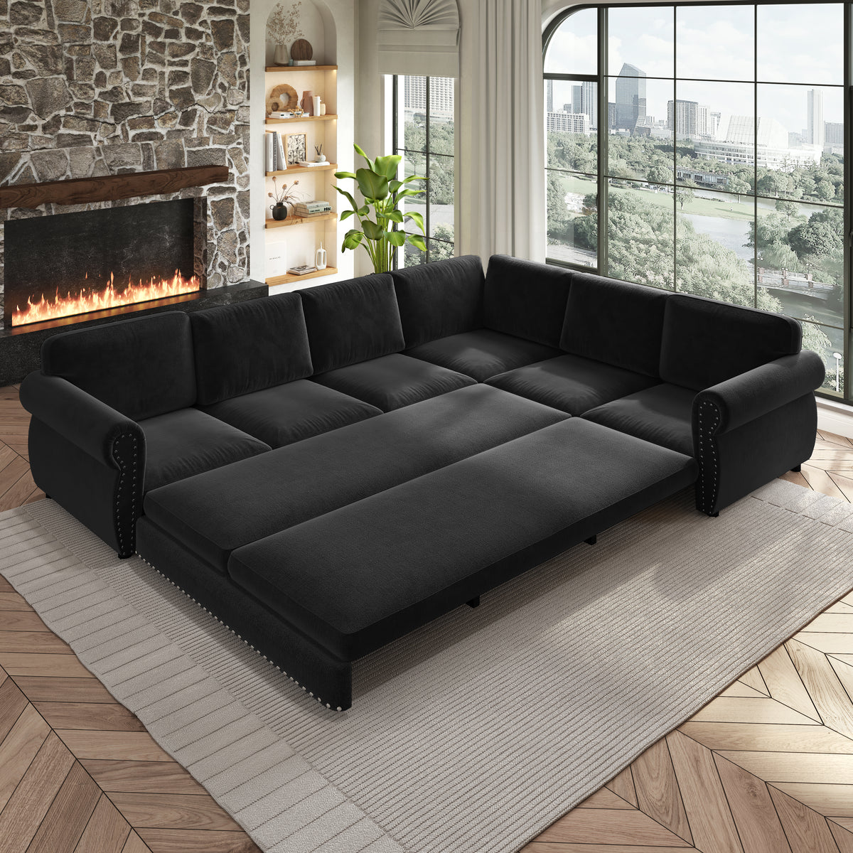 118" Oversized Convertible Sleeper Sofa with Nailhead Trim, L-Shaped Couch