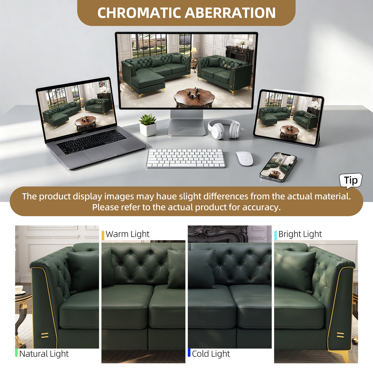 6 Pillows Light Luxury Chesterfield Sofa, Faux Leather, Thin Metal Legs, Metal Trim Armrests & Button Tufting