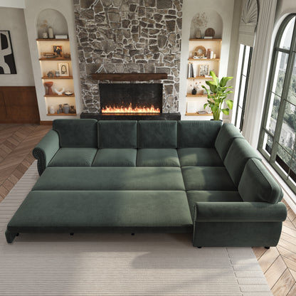 118" Oversized Convertible Sleeper Sofa with Nailhead Trim, L-Shaped Couch