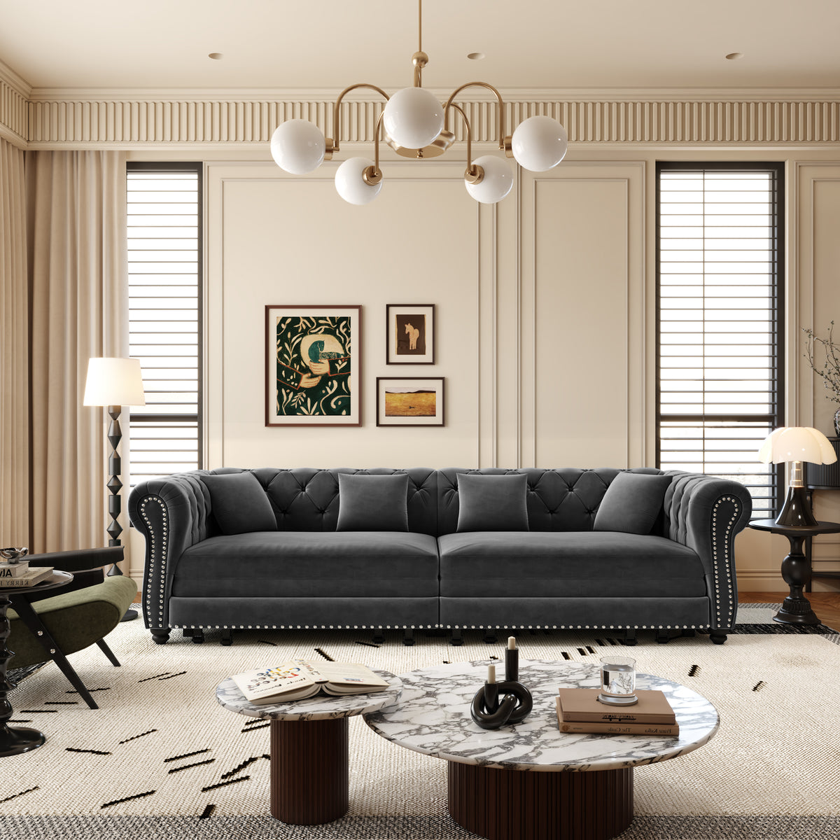 89" 3-Seater Velvet Chesterfield Sofa Bed with Movable Ottoman